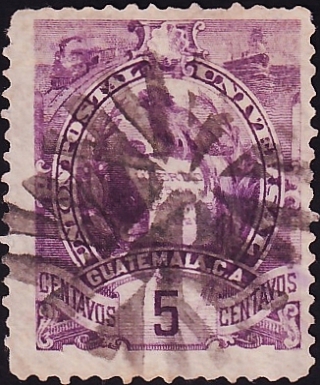 Гватемала 1887 год . Герб , 5 с. Каталог 1,0 €.